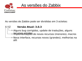As versões do Zabbix
As versões do Zabbix pode ser divididas em 3 octetos:
X.Y.Z Versão Atual: 3.0.3
Alguns bug corrigidos, update de traduções, alguns
recursos simplesImplementações de novos recursos (menores), macros
Nova interface, recursos novos (grandes), melhorias na
API
 