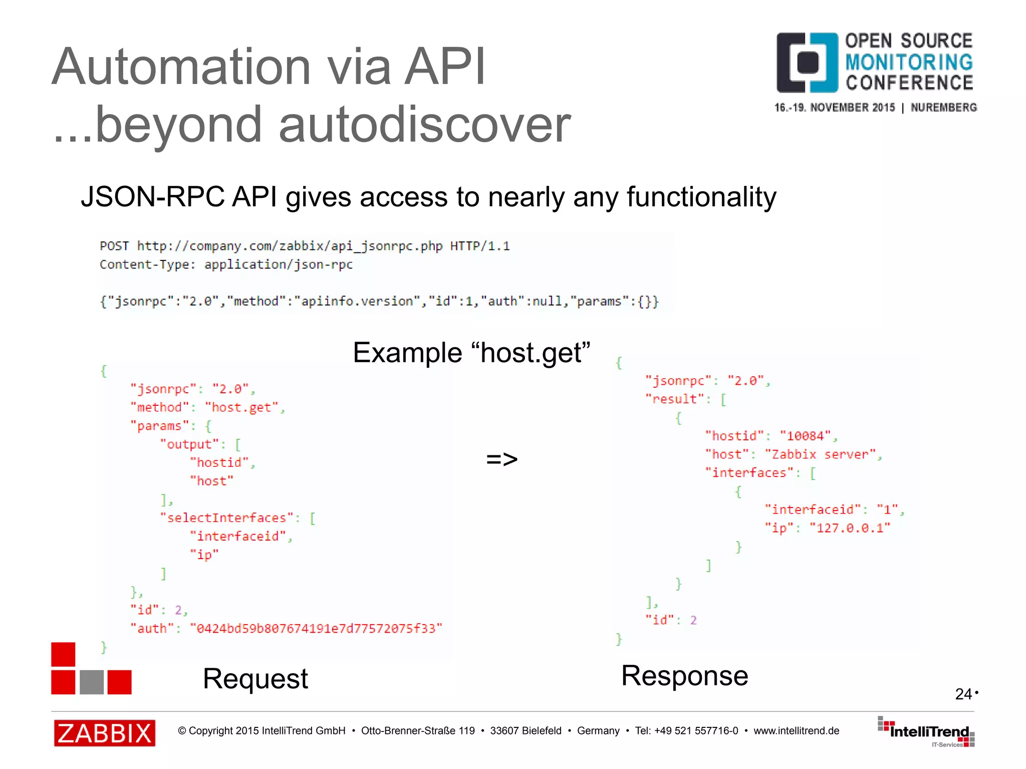 © Copyright 2015 IntelliTrend GmbH • Otto-Brenner-Straße 119 • 33607 Bielefeld • Germany • Tel: +49 521 557716-0 • www.intellitrend.de
24
Automation via API
...beyond autodiscover
JSON-RPC API gives access to nearly any functionality
=>
Request Response
Example “host.get”
•
 