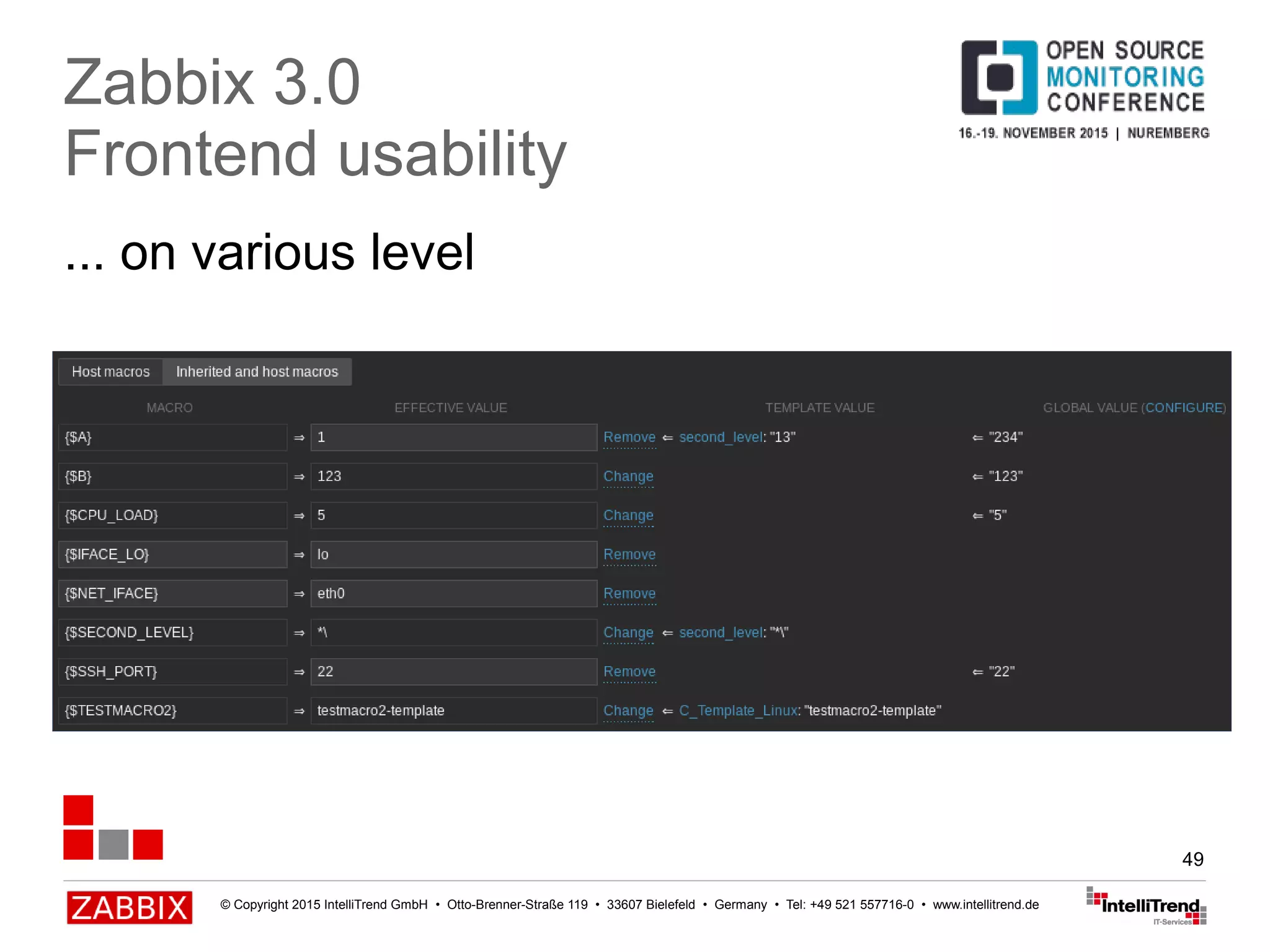 © Copyright 2015 IntelliTrend GmbH • Otto-Brenner-Straße 119 • 33607 Bielefeld • Germany • Tel: +49 521 557716-0 • www.intellitrend.de
49
... on various level
Zabbix 3.0
Frontend usability
 