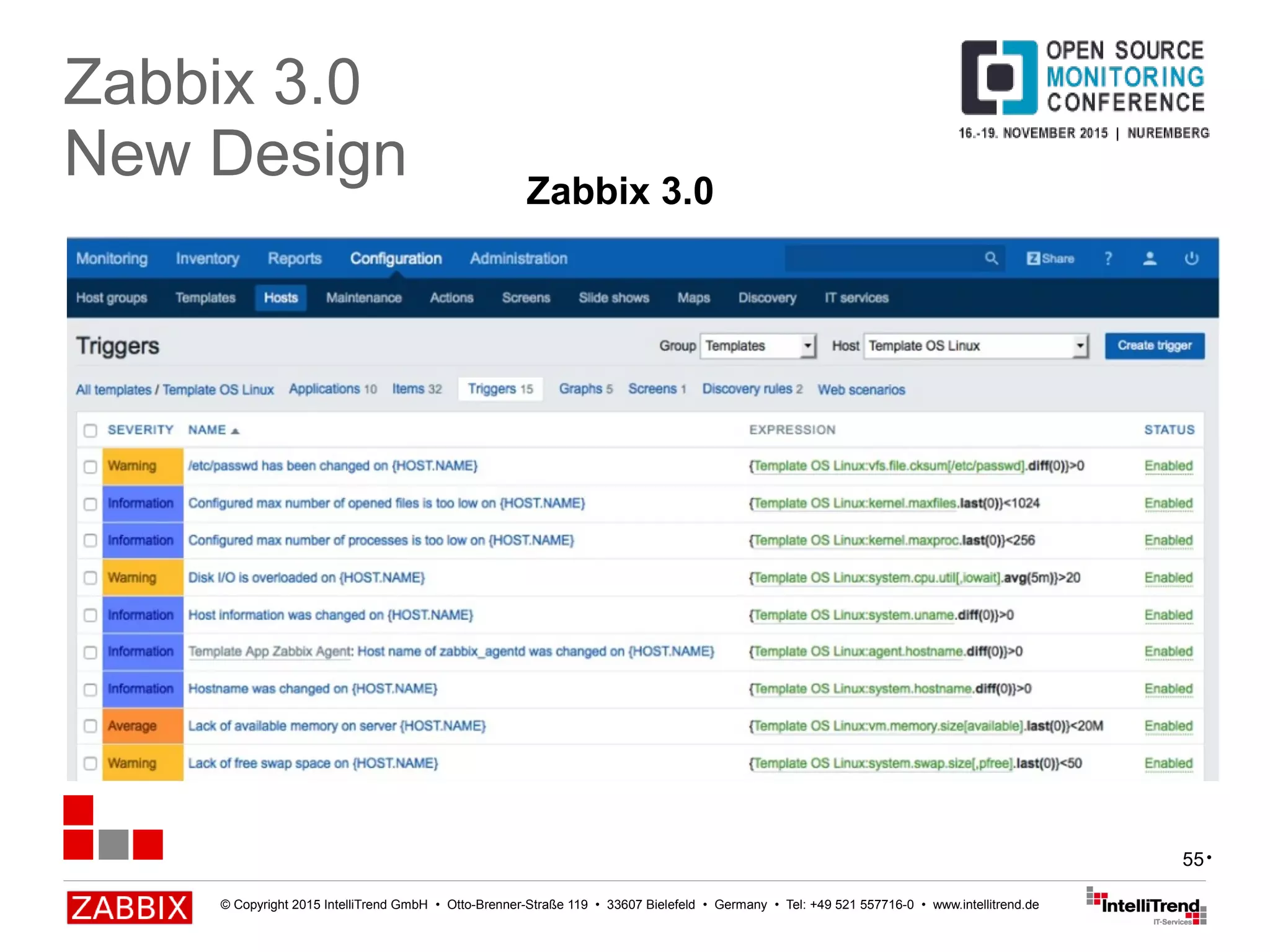 © Copyright 2015 IntelliTrend GmbH • Otto-Brenner-Straße 119 • 33607 Bielefeld • Germany • Tel: +49 521 557716-0 • www.intellitrend.de
55
Zabbix 3.0
New Design
•
Zabbix 3.0
 
