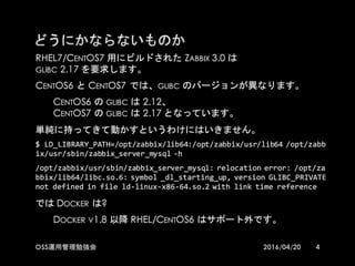 どうにかならないものか
RHEL7/CentOS7 用にビルドされた Zabbix 3.0 は
glibc 2.17 を要求します。
CentOS6 と CentOS7 では、glibc のバージョンが異なります。
CentOS6 の glibc は 2.12、
CentOS7 の glibc は 2.17 となっています。
単純に持ってきて動かすというわけにはいきません。
$  LD_LIBRARY_PATH=/opt/zabbix/lib64:/opt/zabbix/usr/lib64  
/opt/zabbix/usr/sbin/zabbix_server_mysql -­‐h
/opt/zabbix/usr/sbin/zabbix_server_mysql:  relocation  error:  
/opt/zabbix/lib64/libc.so.6:  symbol  _dl_starting_up,  version  
GLIBC_PRIVATE  not  defined  in  file  ld-­‐linux-­‐x86-­‐64.so.2  with  link  
time  reference
では Docker は?
Docker v1.8 以降 RHEL/CentOS6 はサポート外です。
42016/04/20OSS運用管理勉強会
 
