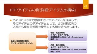 HTTPƥ(Ԕ:ƥΘ)
? JSONʽȡäHTTPƥɤơ
ΥƥӥƥȤơJSONʽڤ
𤫤鱣ǰIʹäƸФޤ
ǰ(|)
ףHTTP`
ǰ(|)
ף楢ƥ
ǰIJSON Path - $.main.temp
gλ
ǰ݈R(|)
ף楢ƥ
ǰIJSON Path - $.main.pressure
gλ!hPa
41
 