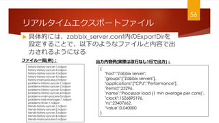 ꥢ륿२ݩ`ȥե
? Ĥˤϡzabbix_server.confڤExportDir
O뤳Ȥǡ¤Τ褦ʥեݤǳ
褦ˤʤ
56
history-history-syncer-1.ndjson
history-history-syncer-2.ndjson
history-history-syncer-3.ndjson
history-history-syncer-4.ndjson
history-main-process-0.ndjson
problems-history-syncer-1.ndjson
problems-history-syncer-2.ndjson
problems-history-syncer-3.ndjson
problems-history-syncer-4.ndjson
problems-main-process-0.ndjson
problems-task-manager-1.ndjson
problems-timer-1.ndjson
trends-history-syncer-1.ndjson
trends-history-syncer-2.ndjson
trends-history-syncer-3.ndjson
trends-history-syncer-4.ndjson
trends-main-process-0.ndjson
{
"host":"Zabbix server",
"groups":["Zabbix servers"],
"applications":["CPU","Performance"],
"itemid":23296,
"name":"Processor load (1 min average per core)",
"clock":1526895196,
"ns":23407662,
"value":0.040000
}
եһE() (gHϸФʤ1Фǳ)
 