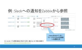 例：Slackへの通知をZabbixから参照
21
ZabbixのWebインター
フェースからSlackの画面
への遷移も可
注：CentOS 7では障害通知の時点で正常に動かないので修正依頼中
https://support.zabbix.com/browse/ZBX-17274
 
