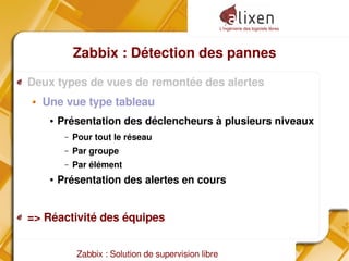 L'ingénierie des logiciels libres
Zabbix : Solution de supervision libre
Zabbix : Détection des pannes
Deux types de vues de remontée des alertes
Une vue type tableau
● Présentation des déclencheurs à plusieurs niveaux
– Pour tout le réseau
– Par groupe
– Par élément
● Présentation des alertes en cours
=> Réactivité des équipes
 