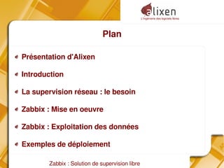 L'ingénierie des logiciels libres
Zabbix : Solution de supervision libre
Plan
Présentation d'Alixen
Introduction
La supervision réseau : le besoin
Zabbix : Mise en oeuvre
Zabbix : Exploitation des données
Exemples de déploiement
 