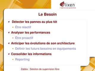 L'ingénierie des logiciels libres
Zabbix : Solution de supervision libre
Le Besoin
Détecter les pannes au plus tôt
Être réactif
Analyser les performances
Être proactif
Anticiper les évolutions de son architecture
Définir les futurs besoins en équipements
Consolider les informations
Reporting
 