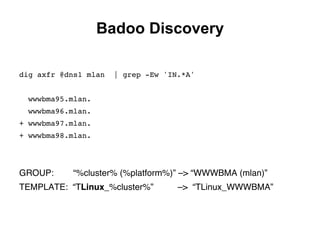 dig axfr @dns1 mlan | grep -Ew 'IN.*A'!
!
wwwbma95.mlan.!
wwwbma96.mlan.!
+ wwwbma97.mlan.!
+ wwwbma98.mlan.!
GROUP: “%cluster% (%platform%)” –> “WWWBMA (mlan)”
TEMPLATE: “TLinux_%cluster%” –> “TLinux_WWWBMA”)
Badoo Discovery
 