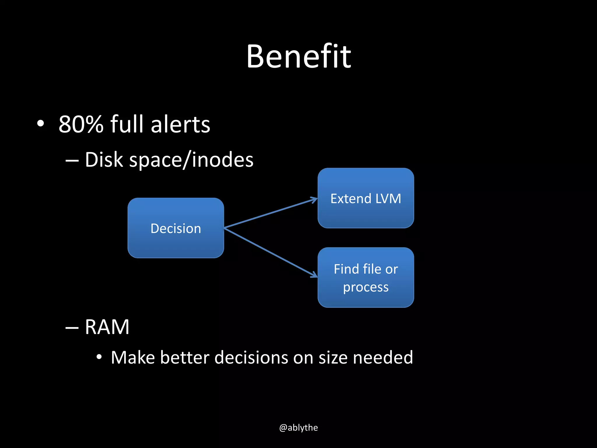 Benefit
• 80% full alerts
– Disk space/inodes
– RAM
• Make better decisions on size needed
Decision
Find file or
process
Extend LVM
@ablythe
 