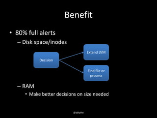 Benefit
• 80% full alerts
– Disk space/inodes
– RAM
• Make better decisions on size needed
Decision
Find file or
process
E...