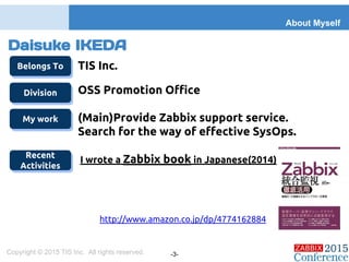 Daisuke IKEDA
TIS Inc.
OSS Promotion Office
(Main)Provide Zabbix support service.
　　 Search for the way of effective SysOps.
I wrote a Zabbix book in Japanese(2014)
About Myself
Copyright © 2015 TIS Inc. All rights reserved. -3-
Belongs To
Division
My work
Recent
Activities
http://www.amazon.co.jp/dp/4774162884
 