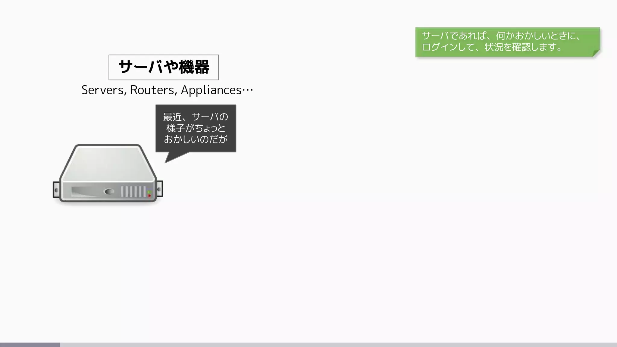 サーバや機器
Servers, Routers, Appliances…
最近、サーバの
様子がちょっと
おかしいのだが
サーバであれば、何かおかしいときに、
ログインして、状況を確認します。
 