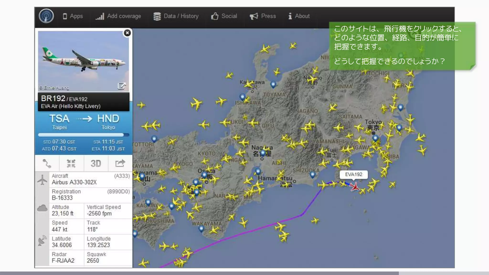 このサイトは、飛行機をクリックすると、
どのような位置、経路、目的が簡単に
把握できます。
どうして把握できるのでしょうか？
 