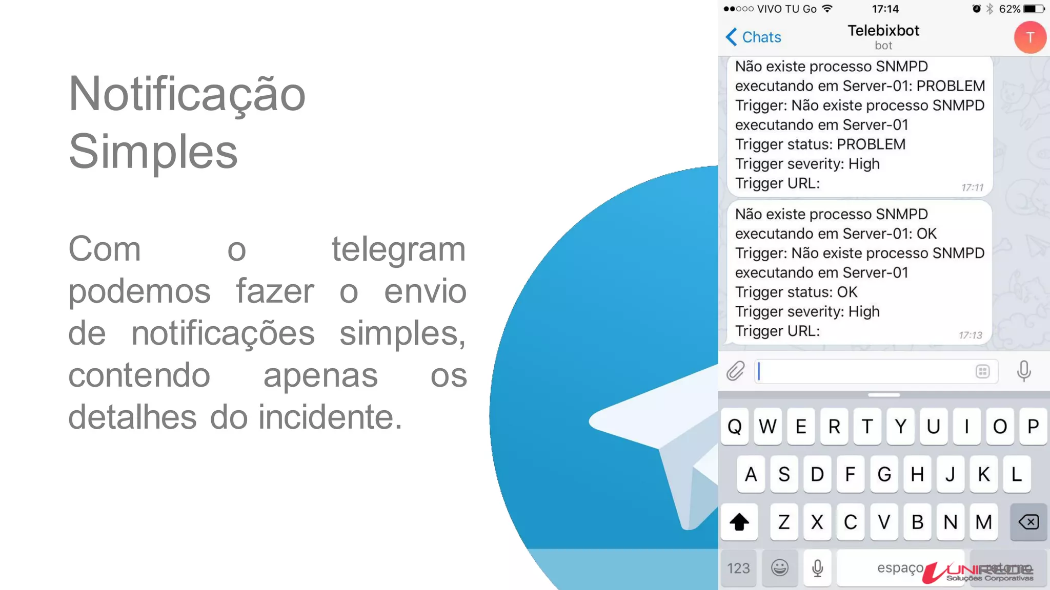 Notificação
Simples
Com o telegram
podemos fazer o envio
de notificações simples,
contendo apenas os
detalhes do incidente.
 
