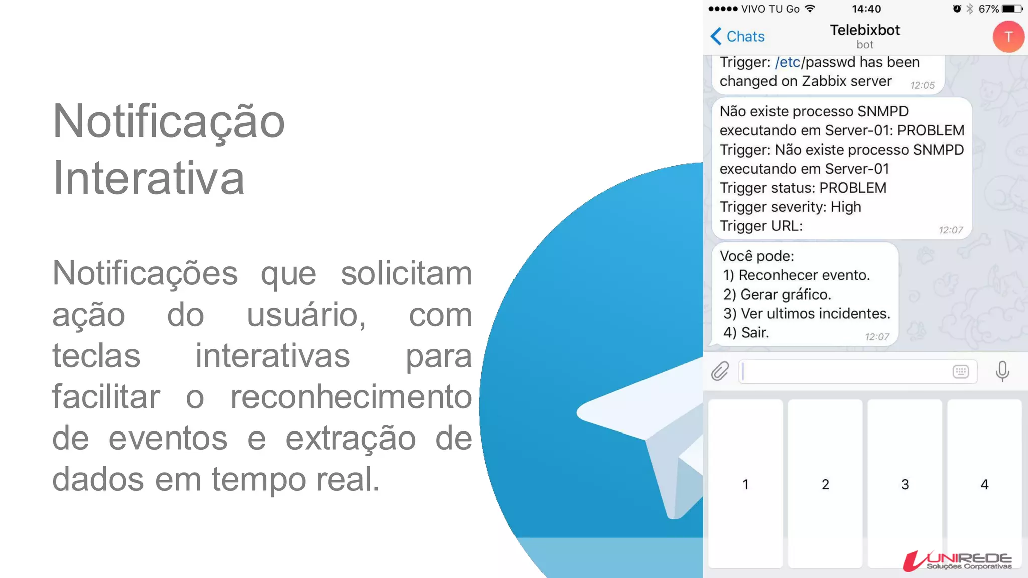 Notificação
Interativa
Notificações que solicitam
ação do usuário, com
teclas interativas para
facilitar o reconhecimento
de eventos e extração de
dados em tempo real.
 
