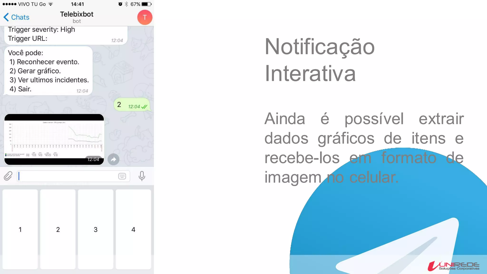 Notificação
Interativa
Ainda é possível extrair
dados gráficos de itens e
recebe-los em formato de
imagem no celular.
 