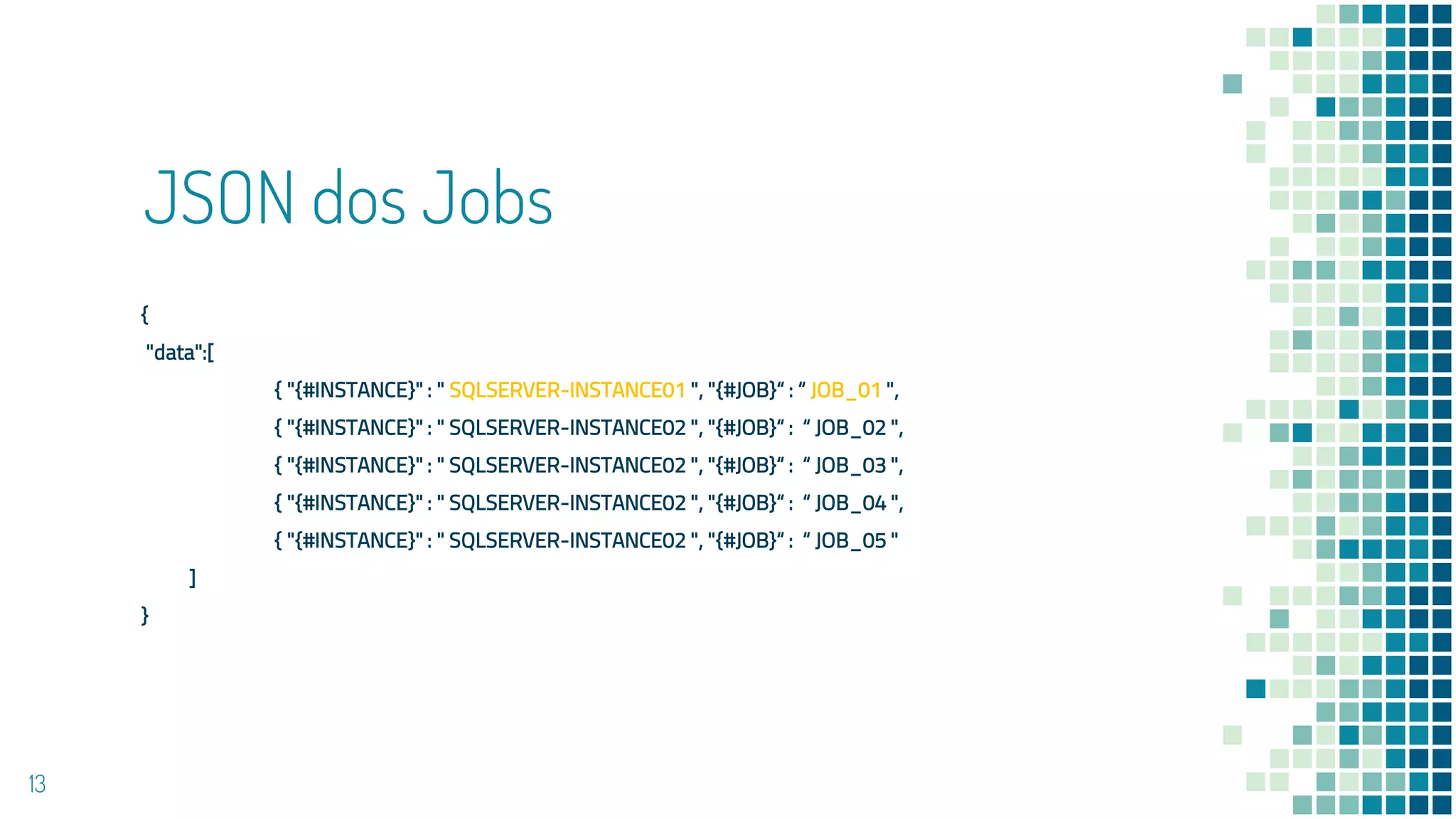 JSON dos Jobs
{
"data":[
{ "{#INSTANCE}" : " SQLSERVER-INSTANCE01 ", "{#JOB}“ : “ JOB_01 ",
{ "{#INSTANCE}" : " SQLSERVER-INSTANCE02 ", "{#JOB}“ : “ JOB_02 ",
{ "{#INSTANCE}" : " SQLSERVER-INSTANCE02 ", "{#JOB}“ : “ JOB_03 ",
{ "{#INSTANCE}" : " SQLSERVER-INSTANCE02 ", "{#JOB}“ : “ JOB_04 ",
{ "{#INSTANCE}" : " SQLSERVER-INSTANCE02 ", "{#JOB}“ : “ JOB_05 "
]
}
13
 