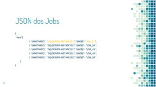 JSON dos Jobs
{
"data":[
{ "{#INSTANCE}" : " SQLSERVER-INSTANCE01 ", "{#JOB}“ : “ JOB_01 ",
{ "{#INSTANCE}" : " SQLSERVER-INSTANCE02 ", "{#JOB}“ : “ JOB_02 ",
{ "{#INSTANCE}" : " SQLSERVER-INSTANCE02 ", "{#JOB}“ : “ JOB_03 ",
{ "{#INSTANCE}" : " SQLSERVER-INSTANCE02 ", "{#JOB}“ : “ JOB_04 ",
{ "{#INSTANCE}" : " SQLSERVER-INSTANCE02 ", "{#JOB}“ : “ JOB_05 "
]
}
13
 