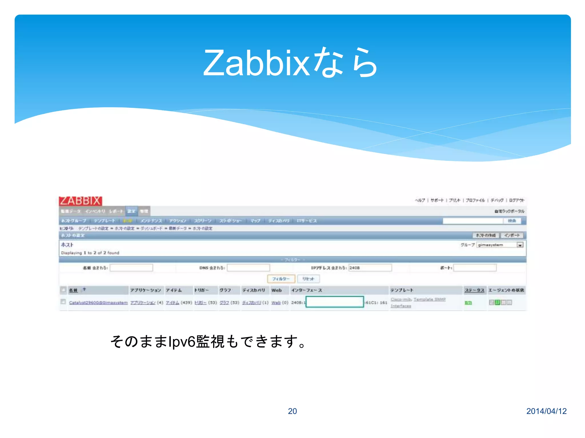 2014/04/1220
Zabbixなら
そのままIpv6監視もできます。
 