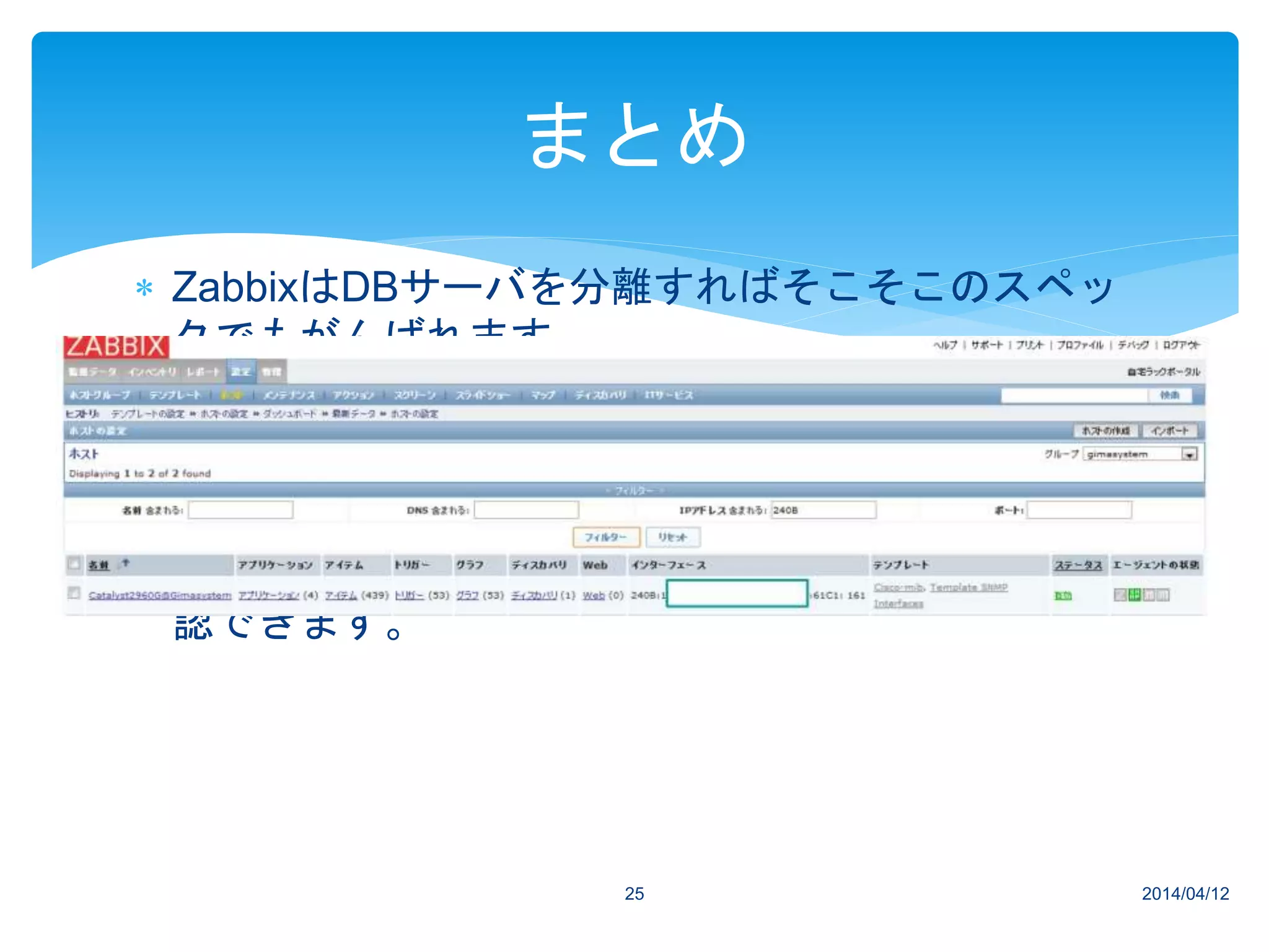  ZabbixはDBサーバを分離すればそこそこのスペッ
クでもがんばれます。
 IPｖ６監視は簡単です。
 Amazon RDSすげーらく
 VPS上にあるので、3.11みたいな時も、自宅が無
事か（少なくとも電気と通信）はどこにいても確
認できます。
2014/04/1225
まとめ
 