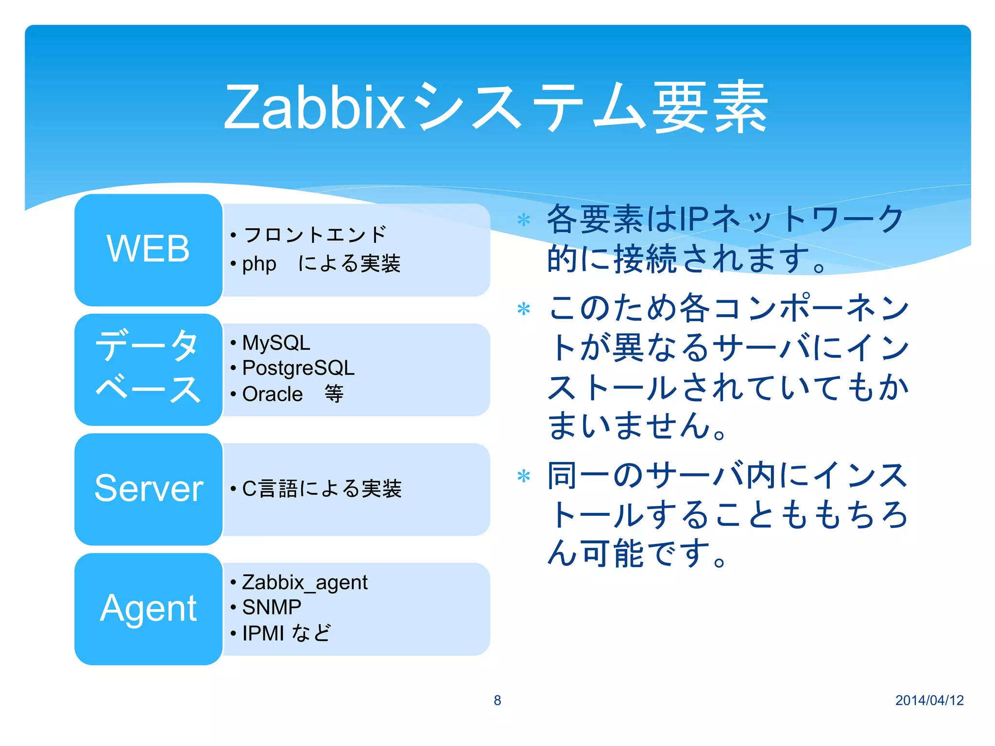 Zabbixシステム要素
2014/04/12
• フロントエンド
• php による実装WEB
• MySQL
• PostgreSQL
• Oracle 等
データ
ベース
• C言語による実装Server
• Zabbix_agent
• SNMP
• IPMI など
Agent
 各要素はIPネットワーク
的に接続されます。
 このため各コンポーネン
トが異なるサーバにイン
ストールされていてもか
まいません。
 同一のサーバ内にインス
トールすることももちろ
ん可能です。
8
 