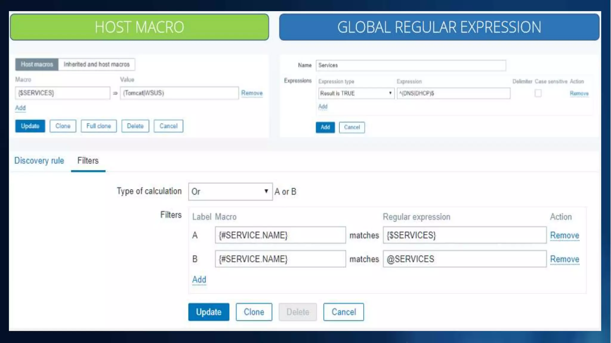 Macros
{$SERVICES_Expression_REGULAR}
MACRO TEMPLATE
{$SERVICES} = none
MACRO HOST
{$SERVICES} = (EXCHANGE) @SERVICES
EXPRESSÃO REGULAR
GLOBAL
@SERVICES = (DNS Client|DHCP Client)
@SERVICES
OR
OR{$SERVICES} = (TOMCAT|WSUS)
 