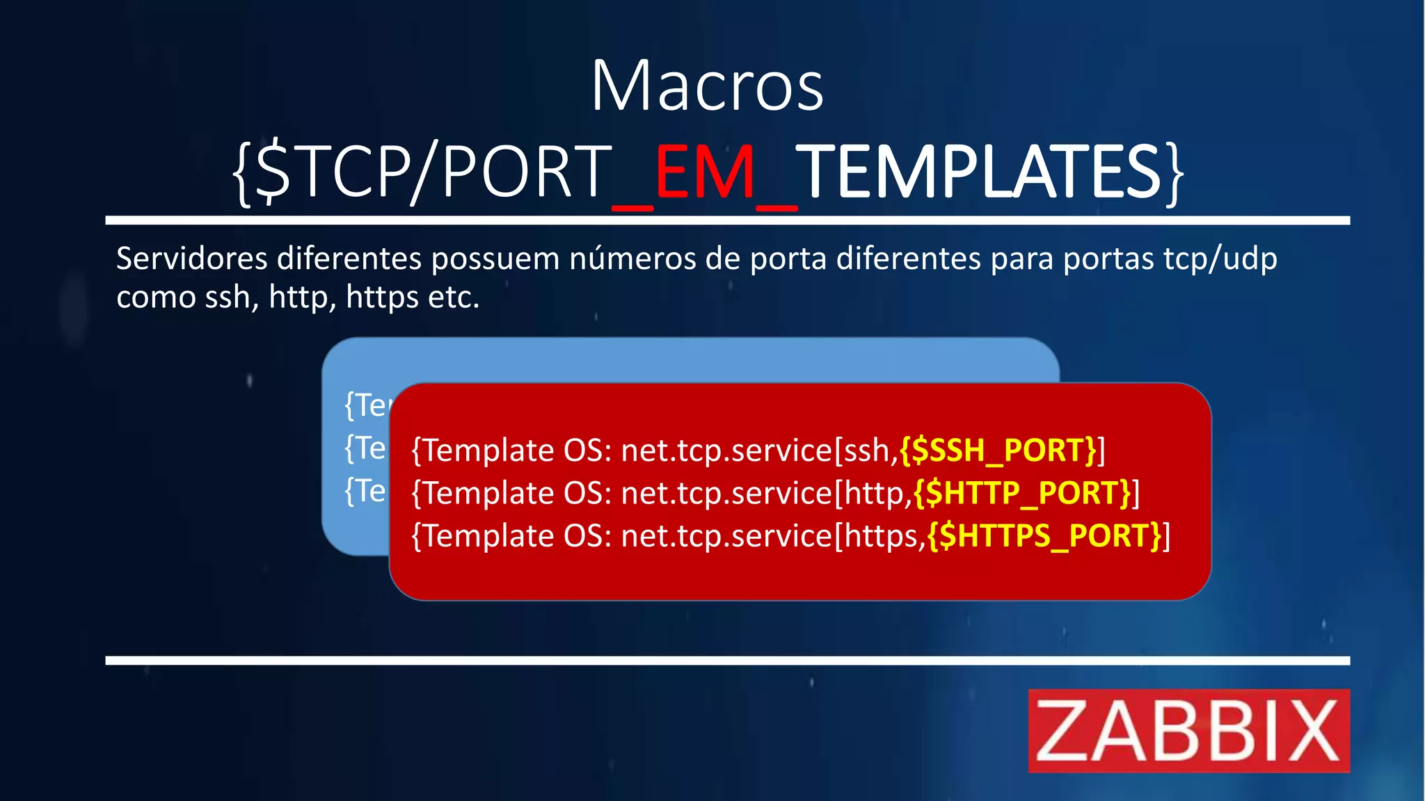 Macros
{$TCP/PORT_EM_TEMPLATES}
Servidores diferentes possuem números de porta diferentes para portas tcp/udp
como ssh, http, https etc.
{Template OS Linux: net.tcp.service[ssh,22]
{Template OS Linux : net.tcp.service[http,80]
{Template OS Linux : net.tcp.service[https,443]
{Template OS: net.tcp.service[ssh,{$SSH_PORT}]
{Template OS: net.tcp.service[http,{$HTTP_PORT}]
{Template OS: net.tcp.service[https,{$HTTPS_PORT}]
 