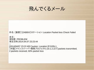 飛んでくるメール
件名：【重要】【ZABBIX】ロケーション：Location Packet loss Check Failed
本文：
深刻度: PROBLEM
発生日時:2014.04.07 23:23:44
--
[2014/04/07 23:22:49] Caution: Location [PJ105L1_
【中国】マインスイーパー開発プロジェクト] 10.1.2.22 5 packets transmitted,
2 packets received, 60% packet loss
 