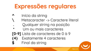 Expressões regulares
^ Início da string
 Metacaracter -> Caractere literal
. Qualquer string na posição
* Um ou mais caracteres
[0-9] Lista de caracteres de 0 à 9
{4} Exatamente 4 caracteres
$ Final da string
 