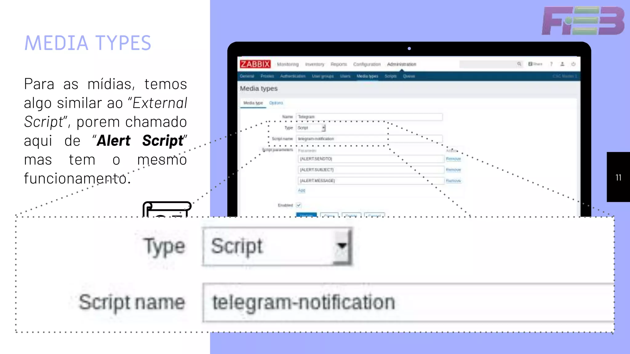 11
MEDIA TYPES
Para as mídias, temos
algo similar ao “External
Script”, porem chamado
aqui de “Alert Script”
mas tem o mesmo
funcionamento.
 