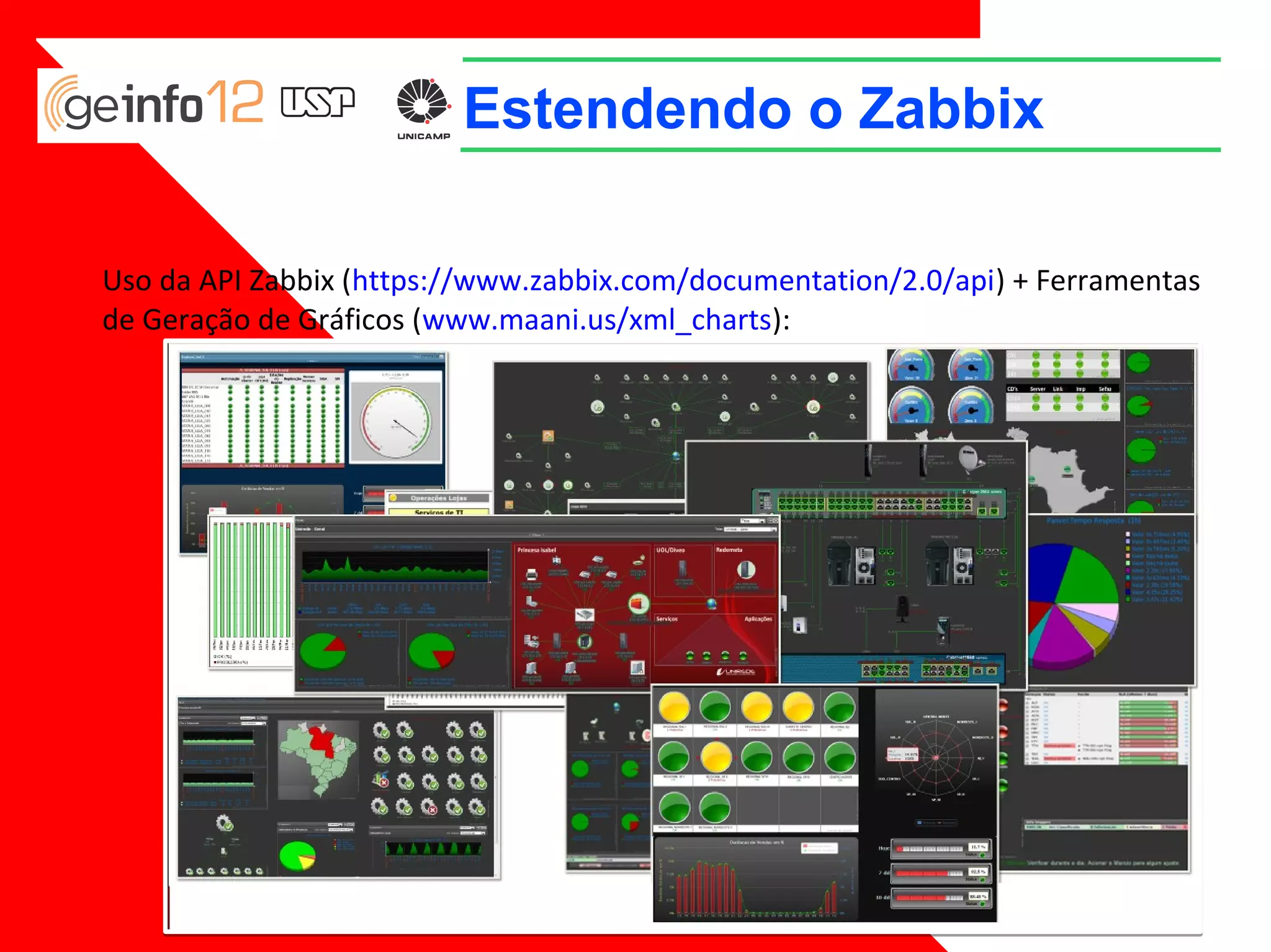 Estendendo o Zabbix
Uso da API Zabbix (https://www.zabbix.com/documentation/2.0/api) + Ferramentas
de Geração de Gráficos (www.maani.us/xml_charts):

 
