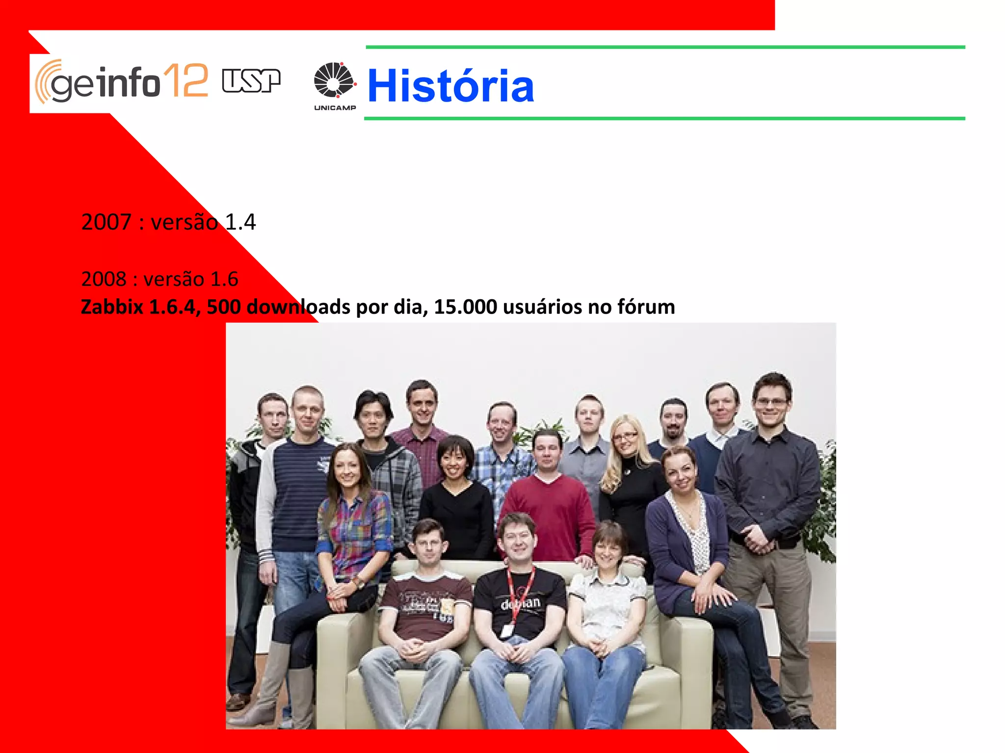 História
2007 : versão 1.4
2008 : versão 1.6
Zabbix 1.6.4, 500 downloads por dia, 15.000 usuários no fórum

 