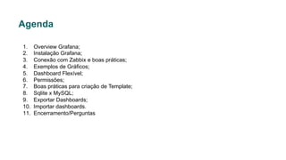 Agenda
1. Overview Grafana;
2. Instalação Grafana;
3. Conexão com Zabbix e boas práticas;
4. Exemplos de Gráficos;
5. Dashboard Flexível;
6. Permissões;
7. Boas práticas para criação de Template;
8. Sqlite x MySQL;
9. Exportar Dashboards;
10. Importar dashboards.
11. Encerramento/Perguntas
 
