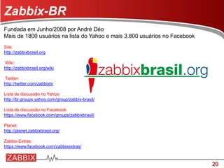 20
Zabbix-BR
Fundada em Junho/2008 por André Déo
Mais de 1800 usuários na lista do Yahoo e mais 3.800 usuários no Facebook
Site:
http://zabbixbrasil.org
Wiki:
http://zabbixbrasil.org/wiki
Twitter:
http://twitter.com/zabbixbr
Lista de discussão no Yahoo:
http://br.groups.yahoo.com/group/zabbix-brasil/
Lista de discussão no Facebook:
https://www.facebook.com/groups/zabbixbrasil/
Planet:
http://planet.zabbixbrasil.org/
Zabbix-Extras:
https://www.facebook.com/zabbixextras/
 