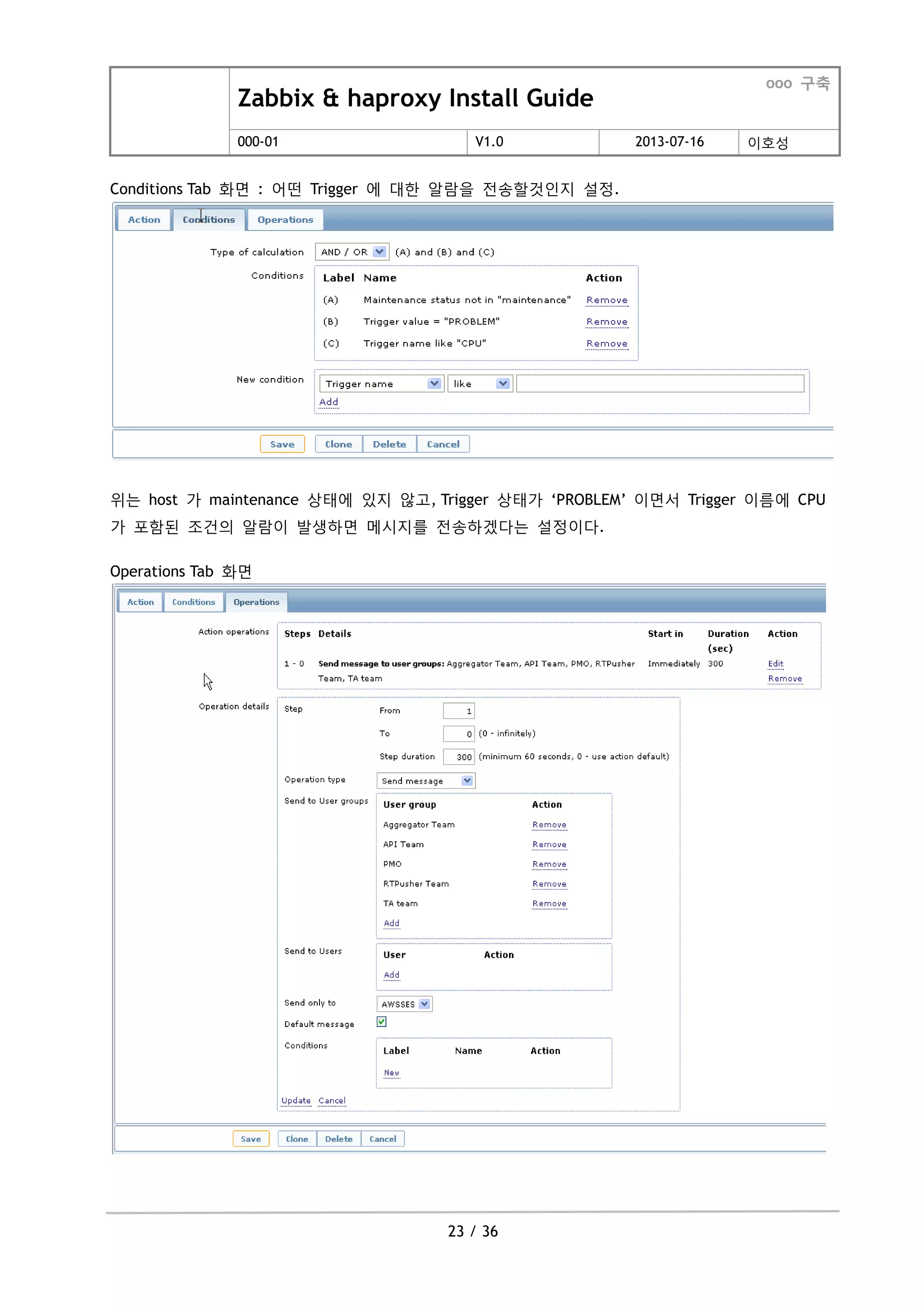 Zabbix & haproxy Install Guide
ooo 구축
000-01 V1.0 2013-07-16 이호성
23 / 36
Conditions Tab 화면 : 어떤 Trigger 에 대한 알람을 젂송할것인지 설정.
위는 host 가 maintenance 상태에 있지 않고, Trigger 상태가 „PROBLEM‟ 이면서 Trigger 이름에 CPU
가 포함된 조건의 알람이 발생하면 메시지를 젂송하겠다는 설정이다.
Operations Tab 화면
 