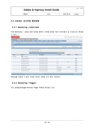 Zabbix & haproxy Install Guide
ooo 구축
000-01 V1.0 2013-07-16 이호성
27 / 36
5.2. 프로세스 모니터링 확인방법
5.2.1. Monitoring > Latest data
아래 Monitoring > Latest data 화면을 통해서 서버별 설정된 item 데이터들이 잘 수집되는지 확인할
수 있다.
History를 이용해 그 동안 수집된 데이터 이력을 모두 확인 가능하다.
5.2.2. Monitoring > Triggers
최근 알람발생(Trigger Event)한 Trigger 목록을 확인할수 있다.
 