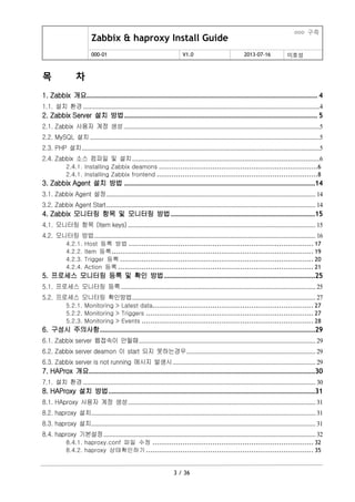 Zabbix & haproxy Install Guide
ooo 구축
000-01 V1.0 2013-07-16 이호성
3 / 36
목 차
1. Zabbix 개요........................................................................................................ 4
1.1. 설치 환경..............................................................................................................................................................................4
2. Zabbix Server 설치 방법....................................................................................... 5
2.1. Zabbix 사용자 계정 생성................................................................................................................................................5
2.2. MySQL 설치.........................................................................................................................................................................5
2.3. PHP 설치...............................................................................................................................................................................5
2.4. Zabbix 소스 컴파일 및 설치..........................................................................................................................................6
2.4.1. Installing Zabbix deamons ..........................................................................6
2.4.1. Installing Zabbix frontend ...........................................................................8
3. Zabbix Agent 설치 방법 ......................................................................................14
3.1. Zabbix Agent 설정.......................................................................................................................................................... 14
3.2. Zabbix Agent Start.......................................................................................................................................................... 14
4. Zabbix 모니터링 항목 및 모니터링 방법.................................................................15
4.1. 모니터링 항목 (Item keys) .......................................................................................................................................... 15
4.2. 모니터링 방법................................................................................................................................................................... 16
4.2.1. Host 등록 방법 ...................................................................................... 17
4.2.2. Item 등록.............................................................................................. 19
4.2.3. Trigger 등록 .......................................................................................... 20
4.2.4. Action 등록 ........................................................................................... 21
5. 프로세스 모니터링 등록 및 확인 방법....................................................................25
5.1. 프로세스 모니터링 등록............................................................................................................................................... 25
5.2. 프로세스 모니터링 확인방법....................................................................................................................................... 27
5.2.1. Monitoring > Latest data........................................................................... 27
5.2.2. Monitoring > Triggers .............................................................................. 27
5.2.3. Monitoring > Events ................................................................................ 28
6. 구성시 주의사항.................................................................................................29
6.1. Zabbix server 웹접속이 안될때.................................................................................................................................. 29
6.2. Zabbix server deamon 이 start 되지 못하는경우............................................................................................... 29
6.3. Zabbix server is not running 메시지 발생시......................................................................................................... 29
7. HAProx 개요......................................................................................................30
7.1. 설치 환경........................................................................................................................................................................... 30
8. HAProxy 설치 방법.............................................................................................31
8.1. HAproxy 사용자 계정 생성.......................................................................................................................................... 31
8.2. haproxy 설치..................................................................................................................................................................... 31
8.3. haproxy 설치..................................................................................................................................................................... 31
8.4. haproxy 기본설정............................................................................................................................................................ 32
8.4.1. haproxy.conf 파일 수정 ........................................................................... 32
8.4.2. haproxy 상태확인하기 .............................................................................. 35
 