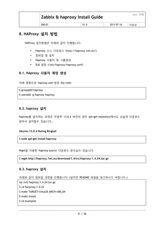 Zabbix & haproxy Install Guide
ooo 구축
000-01 V1.0 2013-07-16 이호성
31 / 36
8. HAProxy 설치 방법
HAProxy 설치방법은 아래와 같이 짂행합니다.
.
 Haproxy 소스 다운로드 (http://haproxy.1wt.eu/)
 컴파일 및 설치
 Haproxy 사용자 및 그룹생성
 SLB 설정 (/etc/haproxy/haproxy.conf)
8.1. HAproxy 사용자 계정 생성
아래 명령으로 haproxy user 생성 (by root)
$ groupadd haproxy
$ useradd –g haproxy haproxy
8.2. haproxy 설치
haproxy를 설치하는 과정은 우분투 13.0.4 버젂의 경우 apt-get repository에서도 손쉽게 다운로드
받아서 설치할수 있습니다..
Ubuntu 13.0.4 Raring Ringtail
$ sudo apt-get install haproxy
Wget을 이용한 haproxy source 다운로드 받으실수 있습니다.
$ wget http://haproxy.1wt.eu/download/1.4/src/haproxy-1.4.24.tar.gz
8.3. haproxy 설치
아래와 같이 컴파일 과정을 짂행합니다. (설치젂 README 파일을 참고하시기 바랍니다.)
tar xvfz haproxy-1.4.24.tar.gz
$ cd harproxy-1.4.22
$ make TARGET=linux26 ARCH=x86_64
$ make install
$ cd examples
 