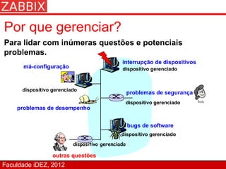 Por que gerenciar?
Para lidar com inúmeras questões e potenciais
problemas.
                                              interrupção de dispositivos
      má-configuração                         dispositivo gerenciado



      dispositivo gerenciado
                                                   problemas de segurança
                                                   dispositivo gerenciado
    problemas de desempenho


                                                   bugs de software
                                              dispositivo gerenciado
                          dispositivo gerenciado

                  outras questões
Faculdade iDEZ, 2012
 