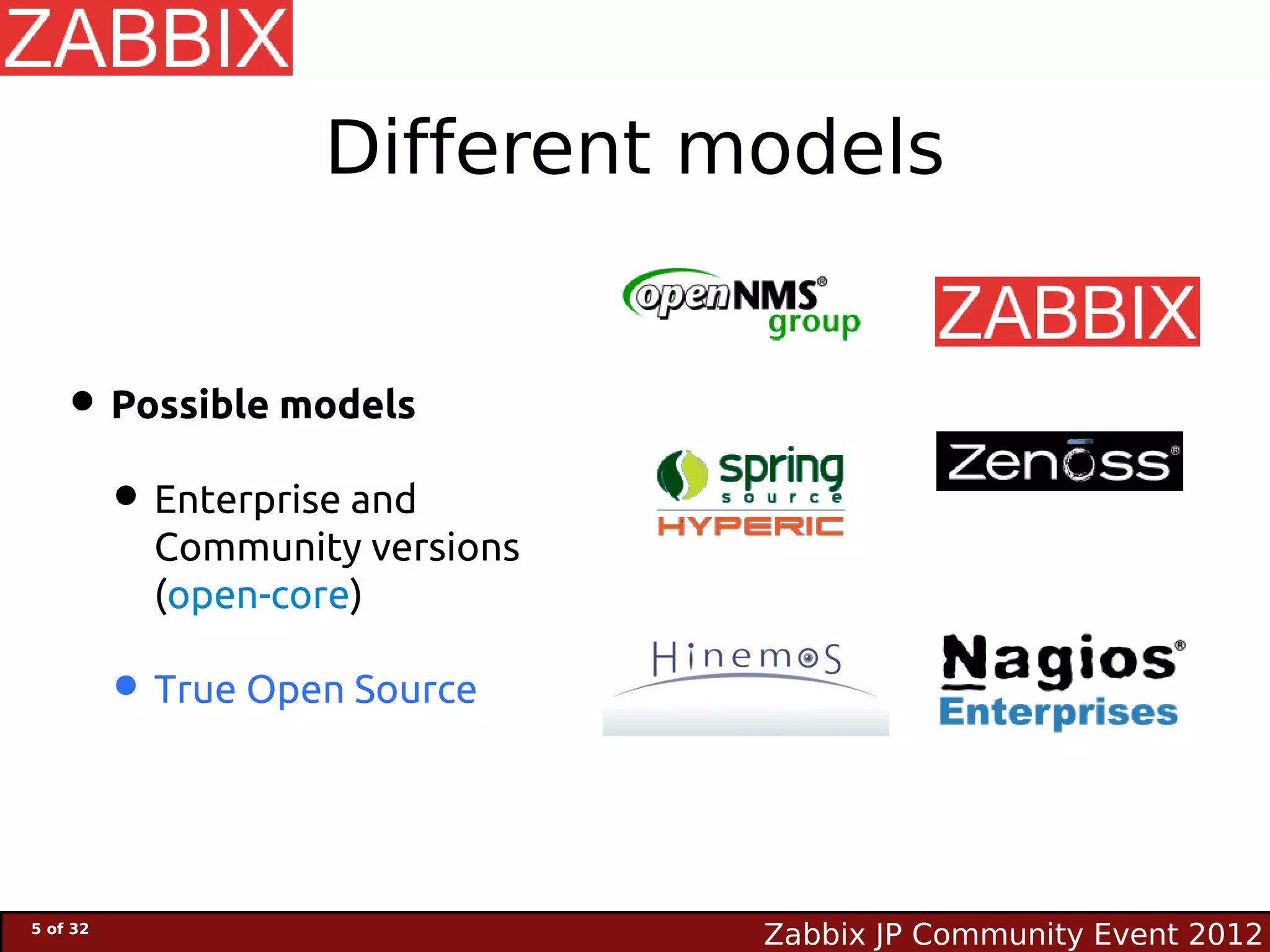 Different models


   • Possible models
    • Enterprise and
            Community versions
            (open-core)

          • True Open Source


5 of 32
                                 Zabbix JP Community Event 2012
 