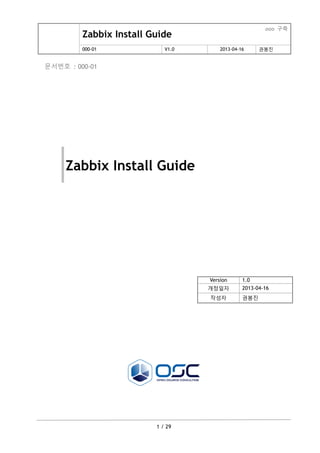 Zabbix Install Guide
ooo 구축
000-01 V1.0 2013-04-16 권봉진
1 / 29
문서번호 : 000-01
Zabbix Install Guide
Version 1.0
개정일자 2013-04-16
작성자 권봉진
 