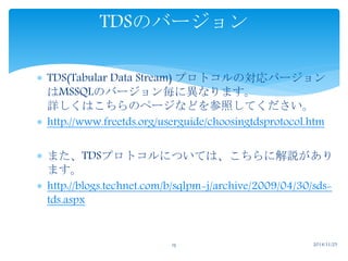  TDS(Tabular Data Stream) プロトコルの対応バージョン 
はMSSQLのバージョン毎に異なります。 
詳しくはこちらのページなどを参照してください。 
 http://www.freetds.org/userguide/choosingtdsprotocol.htm 
 また、TDSプロトコルについては、こちらに解説があり 
ます。 
 http://blogs.technet.com/b/sqlpm-j/archive/2009/04/30/sds-tds. 
aspx 
TDSのバージョン 
15 2014/11/25 
 