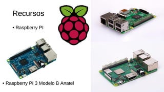 Recursos
• Raspberry PI
• Raspberry PI 3 Modelo B Anatel
 