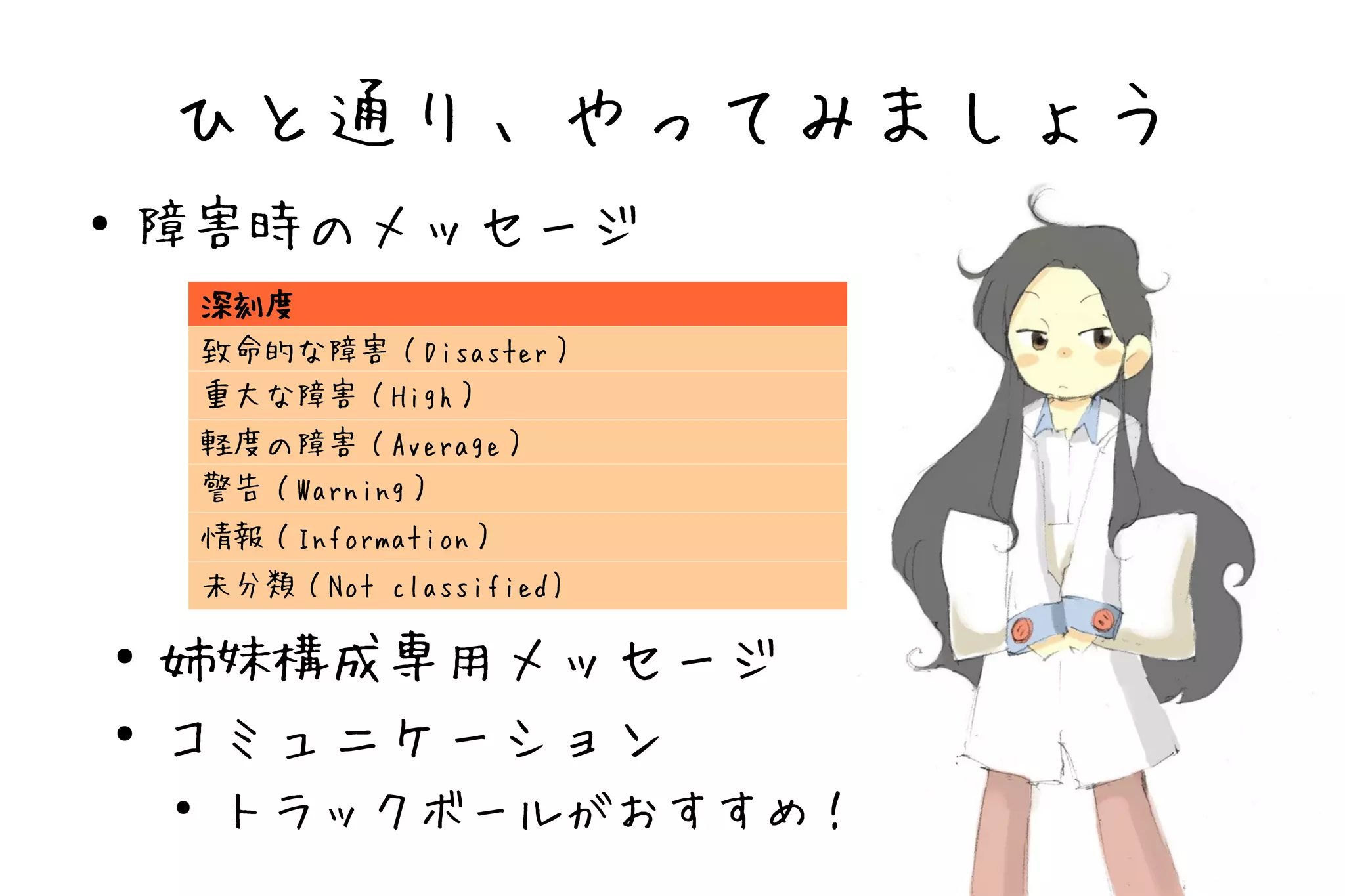 ひと通り、やってみましょう
●   障害時のメッセージ
            深刻度
            致命的な障害（Disaster）
            重大な障害（High）
            軽度の障害（Average）
            警告（Warning）
            情報（Information）
            未分類（Not classified)

    ●   姉妹構成専用メッセージ
    ●   コミュニケーション
        ●
            トラックボールがおすすめ！
 
