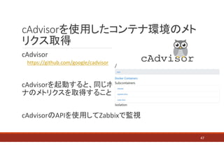 cAdvisorを使用したコンテナ環境のメト
リクス取得
cAdvisor
https://github.com/google/cadvisor
cAdvisorを起動すると、同じホストで起動している各コンテ
ナのメトリクスを取得することができ...