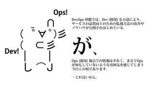 Ops!
              DevOps 界隈では、Dev (開発) な方達により、
              サービスの品質向上のための監視方法の改善や
              ノウハウが公開されはじめている。




Dev!          が、
              Ops (運用) 視点での情報は少なく、まるでOps
              が何もしていないような雰囲気を感じてしまう
              今日この頃であります。

              …これはいかん。
 