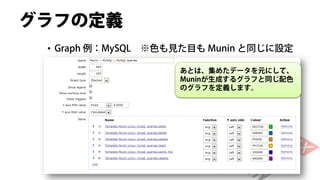 グラフの定義
 • Graph 例：MySQL   ※色も見た目も Munin と同じに設定

                        あとは、集めたデータを元にして、
                        Muninが生成するグラフと同じ配色
                        のグラフを定義します。
 