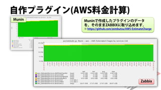 自作プラグイン(AWS料金計算)
Munin    Muninで作成したプラグインのデータ
         を、そのままZABBIXに取り込めます。
         ※ https://github.com/zembutsu/AWS-EstimateCharge




                                                 Zabbix
 