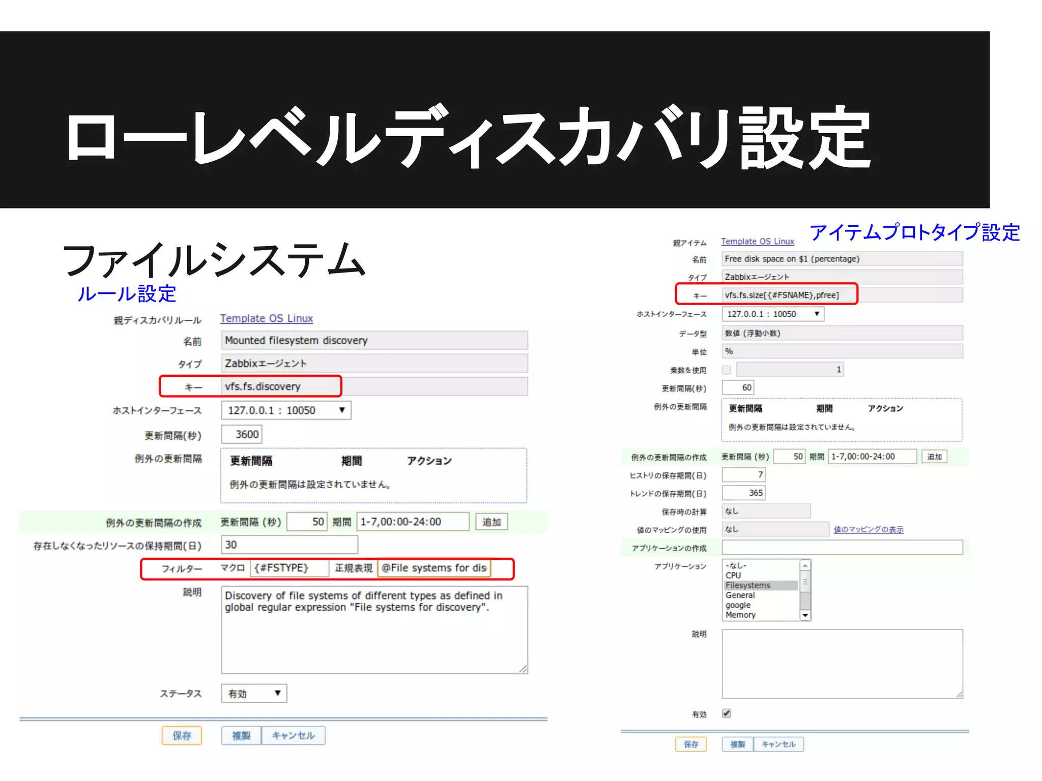 ローレベルディスカバリ設定
ファイルシステム
ルール設定
アイテムプロトタイプ設定
 