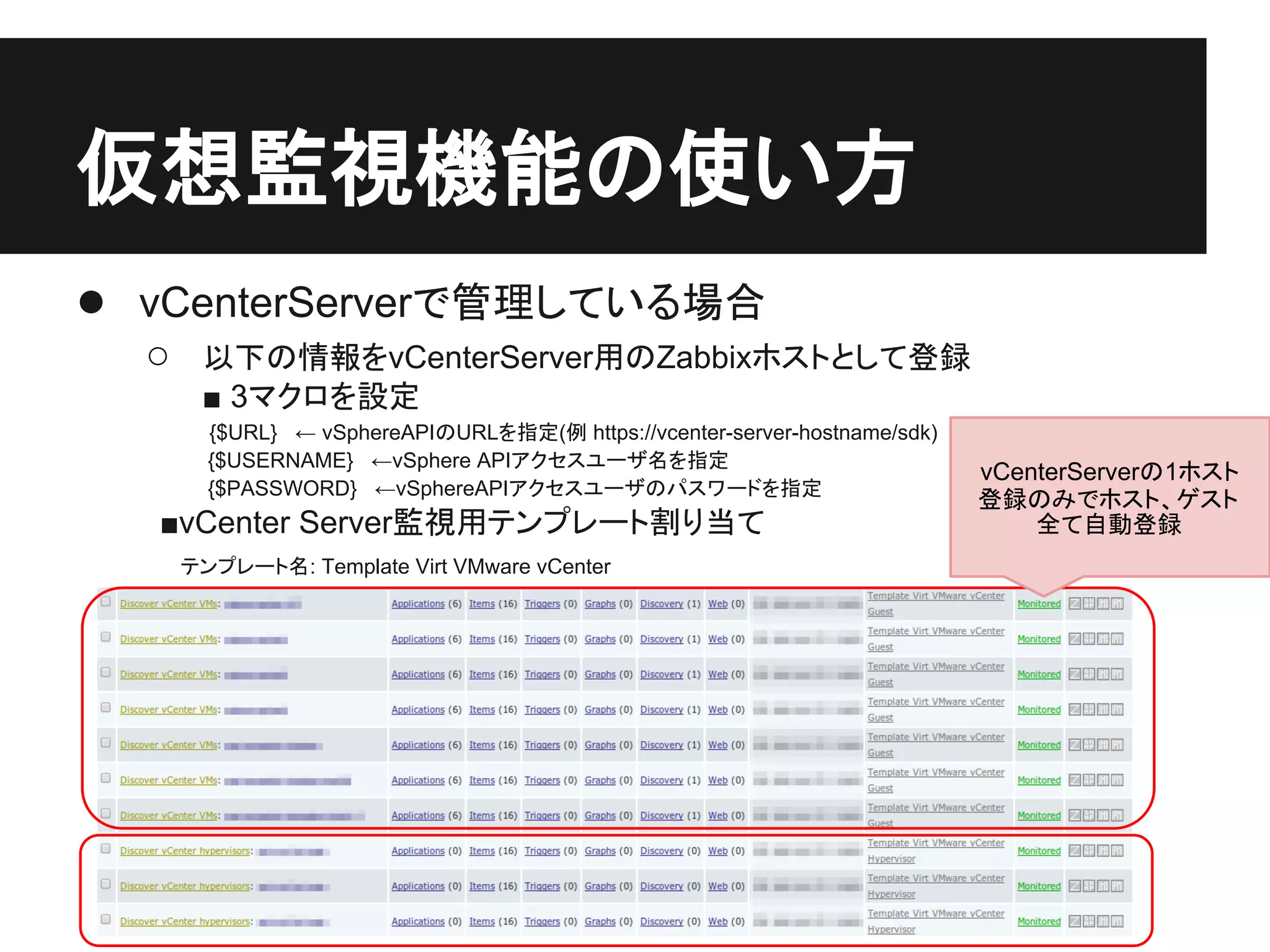 仮想監視機能の使い方
● vCenterServerで管理している場合
○ 以下の情報をvCenterServer用のZabbixホストとして登録
■ 3マクロを設定
　　　　　{$URL} ← vSphereAPIのURLを指定(例 https://vcenter-server-hostname/sdk)
　　　　　　　　　 {$USERNAME} ←vSphere APIアクセスユーザ名を指定
　　　　　　　　　 {$PASSWORD} ←vSphereAPIアクセスユーザのパスワードを指定
　　　　■vCenter Server監視用テンプレート割り当て
　　　　　テンプレート名: Template Virt VMware vCenter
vCenterServerの1ホスト
登録のみでホスト、ゲスト
全て自動登録
 